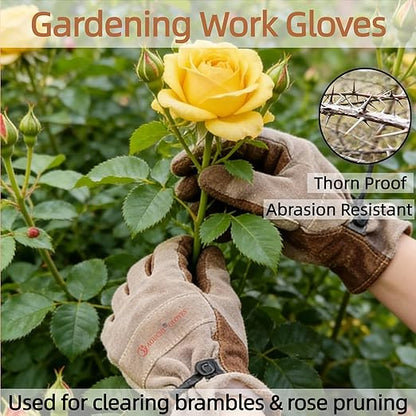 Leather Gardening Gloves for Men, Work Gloves for Welding, Construction, Chainsaw, Farm, Ranch, Yard Work, Abrasion Resistant, Cactus Thorn Proof (Brown, Large)
