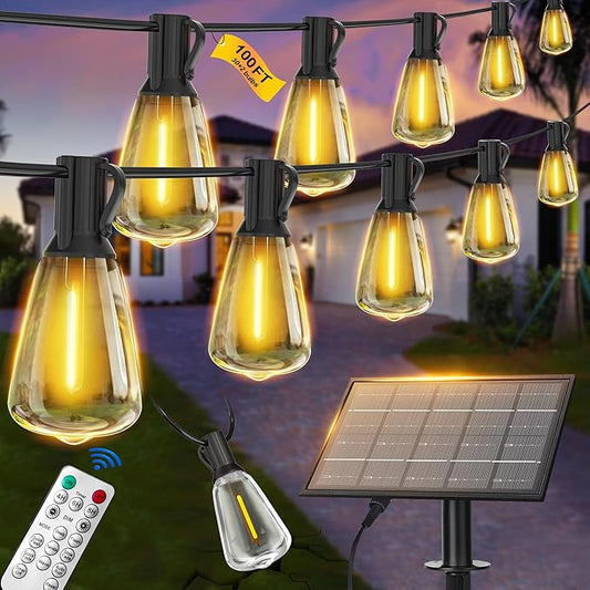 BLIATLUS 100FT Solar String Lights Outdoor Waterproof with Remote Control Solar Patio Lights 30+2 shatterproof LED ST38 Bulbs for Porch Garden Market Bistro Patio Backyard Fence