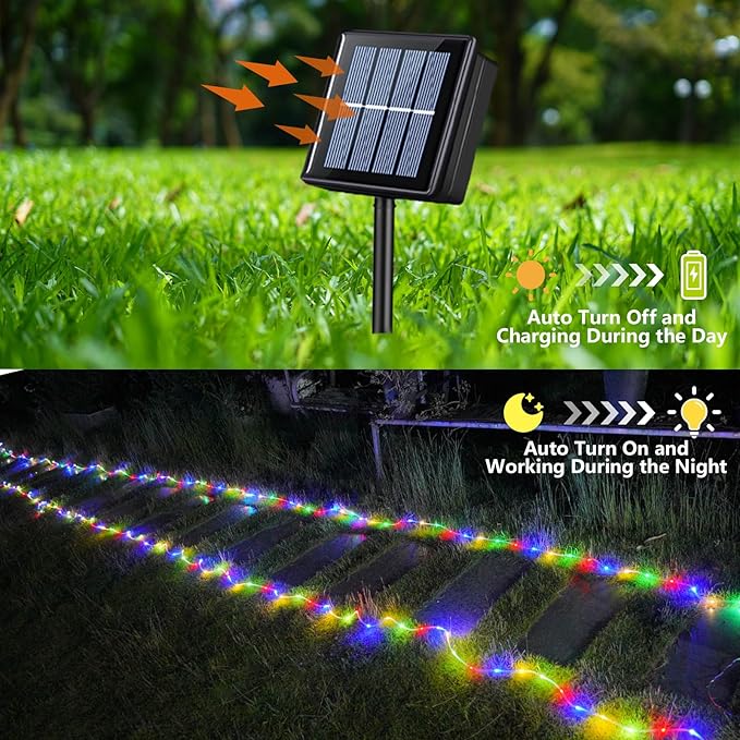 YEGUO Solar Christmas Lights Outdoor Waterproof, 2 Packs Each 33ft 100 LED Rope Lights, 8 Modes Fairy String Lights in Clear Thin Tube for Camping Fence Patio Garden Trampoline Deck(Multicolor)