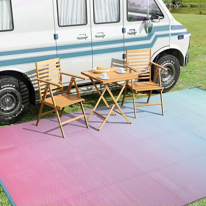 Anidaroel Ombre Camping Rug for Outside RV, 8x10ft Waterproof Outdoor Rug for Patio Clearance, Plastic Straw Outside Area Rug for Deck, Camper, Backyard, Picnic, Beach(Pink& Blue,8'x10')