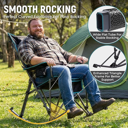 FUNDANGO Oversized Rocking Camping Chair for Adults, High Back Padded Folding Lawn Chairs with Pillows, Wide Armrest, 2 Cup Holders, Carry Bag for Patio Garden Outdoor Supports 440Lbs (Black)
