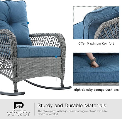 Patio Furniture Set 3 Pieces, Wicker Rocking Bistro Set with Thick Cushions, Outdoor Rocker Chairs and Coffee Table for Porch, Backyard or Garden (Blue)