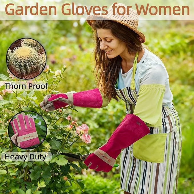 Gardening Gloves for Women, Long Thorn Proof Garden Gloves for Yard Work, Heat Resistant Leather Gloves for Welding, BBQ, Cooking, Fireplace, Chainsaw, Utility, Durable, Rose Red, M