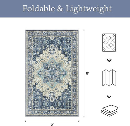 GENIMO Outdoor & Indoor Area Rug 5'x8', Waterproof, Non-Shedding, Easy Cleaning, Boho Mat for Patio, Living Room, Balcony, Dining Room, RV, Deck, Bedroom, Camping, Outside Carpet,Center Blue