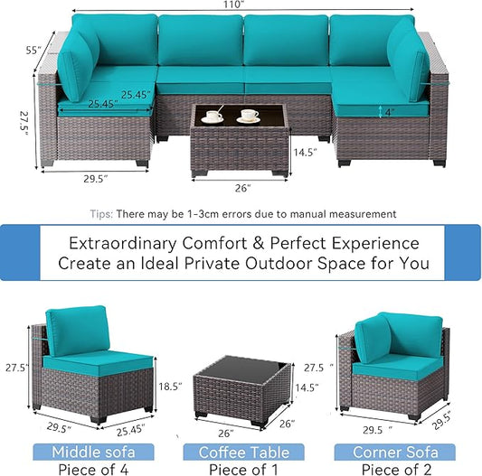 7 Pieces Outdoor Patio Furniture Set with Coffee Table, PE Wicker Rattan Outdoor Sectional Patio Set with Thick Cushion, Outdoor Patio Conversation Set for Backyard, Garden, Deck, Blue