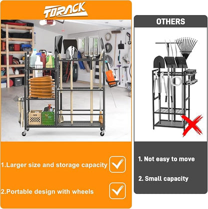 TORACK Garden Tool Organizer with Wheels, Rakes Shovels Yard Tools Stand for Garage, Shed, Garden, Indoor/Outdoor Long-Handled Tools Cart