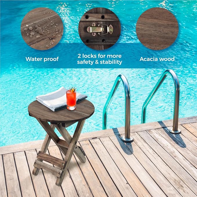Small Patio Table, Outdoor Folding Side Table, Portable Accent Coffee End Table, Wood Top for Living Room, Bedroom (Round - Walnut-Set of 2)