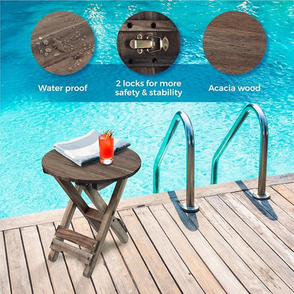 Small Patio Table, Outdoor Folding Side Table, Portable Accent Coffee End Table, Wood Top for Living Room, Bedroom (Round - Walnut-Set of 2)