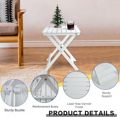 Outdoor Wooden Side Table, Folding Patio End Table, Small Square Furniture Table for Adirondack Chair, Balcony, Porch, Acacia Wood, No Assembly, White