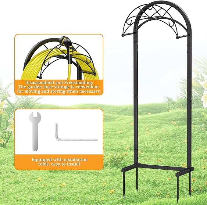Garden Hose Holder with Pattern Heavy Duty Freestanding Holds 150ft | Auto-Grade Coat, Wide Base: No-tip yard stand. Drill-free: grass/decks. Tool-free twist, top tray for nozzles.