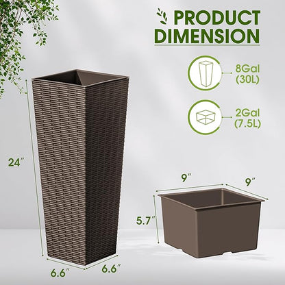 Devoko Resin Tall Planters for Outdoor Plants Set of 2, Large Taper Outdoor Planter Pots with 4 Drainage Holes, Flower Pots Modern Decor for Porch, Patio, Backyard, Home Garden (Brown, 24")