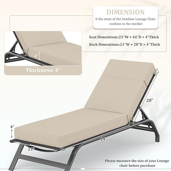 Chaise Lounge Cushions Outdoor, 72" L X 21" W X 4" D Lounge Chair Cushions for Outdoor Furniture, High-Density Foam Outdoor Chaise Cushion-Waterproof Fade-Resistant ThickPatio lounge chair cushion