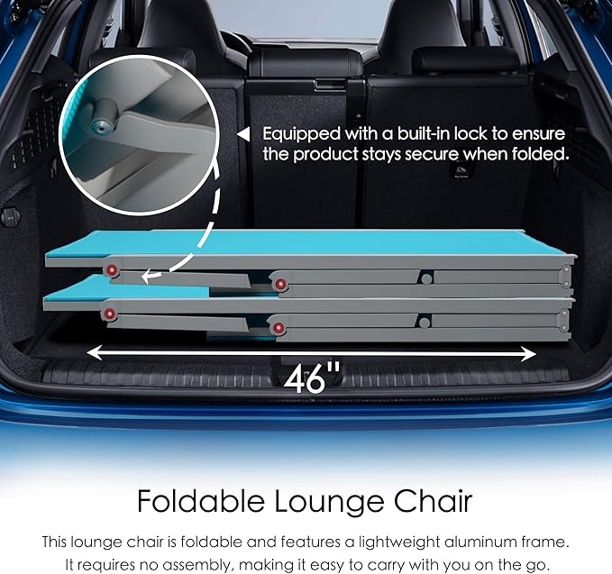 Kozyard 2 Packs Lounge Chair Outdoor Foldable Lounge Chair with 5 Adjustable Backrest Patio Lounger, Assemble-Free, Recliner and Full Flat Chairs for Patio Beach Pool (2 Aqua Textilence W/O Table)