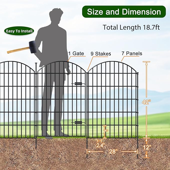 Metal Garden Fence with Gate 42in (H) x 18.7ft (L), 1 Gate+ 7 Panels Dog Fences Border Fence Animal Barrier, No Dig Garden Fencing for Yard Flower Bed Lawn Patio Outdoor, ECG4208G, Black