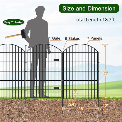 Metal Garden Fence with Gate 42in (H) x 18.7ft (L), 1 Gate+ 7 Panels Dog Fences Border Fence Animal Barrier, No Dig Garden Fencing for Yard Flower Bed Lawn Patio Outdoor, ECG4208G, Black