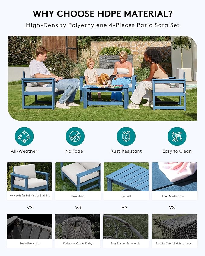SERWALL 2 Pieces Single Cushioned Lounge Chair, Blue HDPE Outdoor Adirondack Sofa Armchair with Khaki Cushion