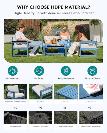 SERWALL 2 Pieces Single Cushioned Lounge Chair, Blue HDPE Outdoor Adirondack Sofa Armchair with Khaki Cushion