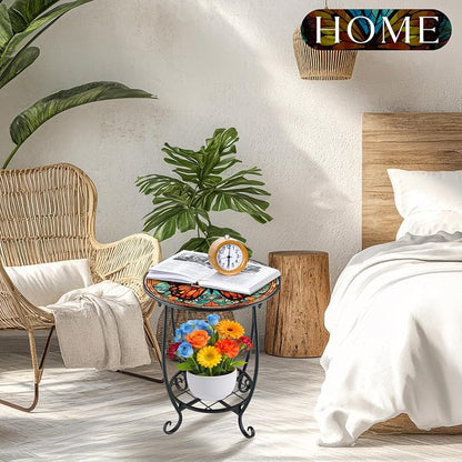 Cinnvoice Outdoor Side Table Round Small Mosaic Patio Accent Indoor End Plant Coffee Tea Table for Yard Patio Porch Garden Living Room, Bedroom(Butterfly B Style,12 Inch)