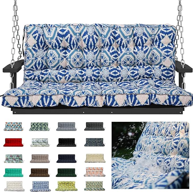 Swing Replacement Cushions with Backrest, 2 or 3 Seater Waterproof Non-Slip Overstuffed Swing Pad, Outdoor Bench Cushion for Porch Chair Swings Garden Furniture (Boho Blue, 40 * 63 in)