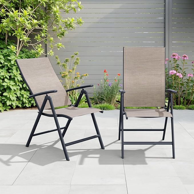 Crestlive Products Folding Patio Chairs Set of 2, 7-Level Adjustable Recliner Chairs Foldable Outdoor Chairs Lawn Chairs for Pool, Backyard, Brown