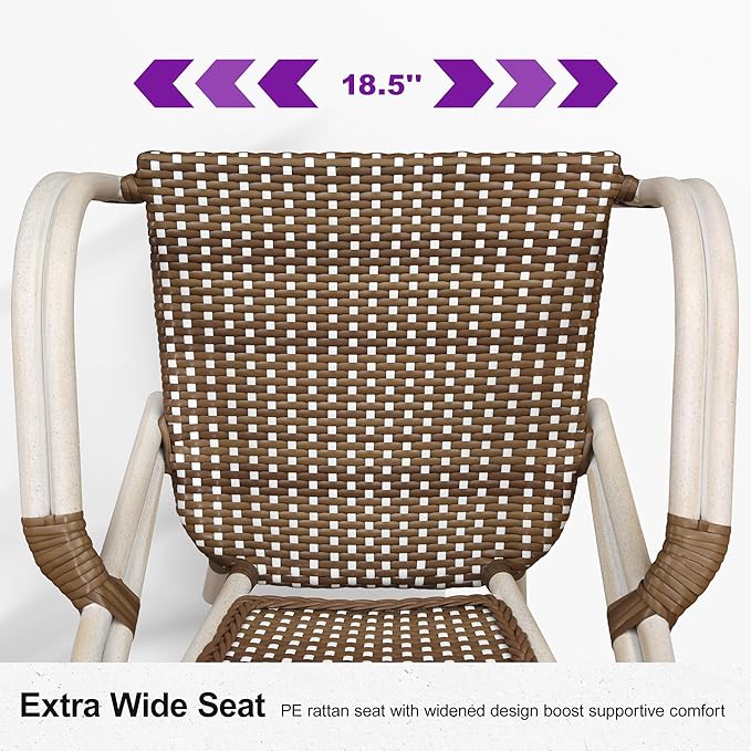 PURPLE LEAF French Bistro Chairs Set of 2 Patio Dining Chairs Hand-Woven Aluminum Wicker Rattan Armchairs for Kitchen Porch Garden White Print Finish Brown