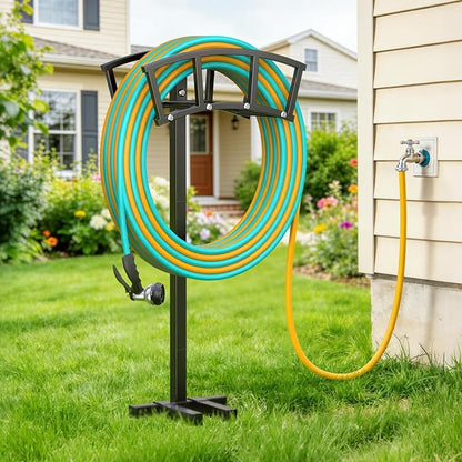 OLV Garden Hose Holder 4 Spikes, Heavy Duty Freestanding Water Hose Holder Stand Holds 150-ft Hoses, Detachable Outdoor Metal Storage Hanger Organizer Rack for Outside Yard Lawn Farm