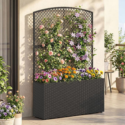 Giantex Raised Garden Bed with Trellis, 58'' Tall PE Rattan Planter Box w/Liner & Drainage, Metal Frame Privacy Screen for Vertical Climbing Plants, Vegetables & Flowers, Patio Balcony Gardening