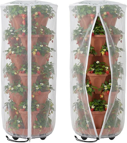 2 Pcs Vertical Plant Pot Insect Netting with Zipper, 59"x22" Stackable Planter Garden Net Cover, 6 to 7 Tier Planter Pot Insect Bird Barrier Protection Mesh for Strawberry Herb Flower Fruit Vegetable