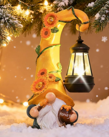 for Mom Grandma Woman 12" Solar Sunflower Gnome Garden Statues Honey Bee Jar Decor with LED Lantern Outdoor Birthday Gnomes Decorations Patio Yard Balcony Art