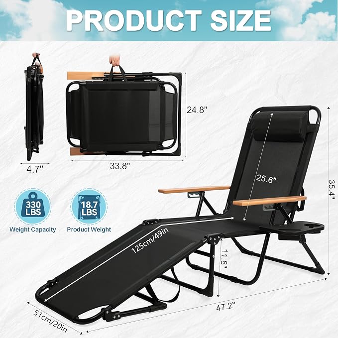 Outdoor Chaise Lounge Chair with 4-Position Adjustable Backrest, Patio Folding Sun Tanning Chair, Pillow & Cup Holder, Portable Recliner Sunbathing Lounger Chairs for Pool Beach Lawn Garden (Black)