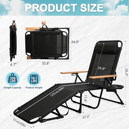 Outdoor Chaise Lounge Chair with 4-Position Adjustable Backrest, Patio Folding Sun Tanning Chair, Pillow & Cup Holder, Portable Recliner Sunbathing Lounger Chairs for Pool Beach Lawn Garden (Black)