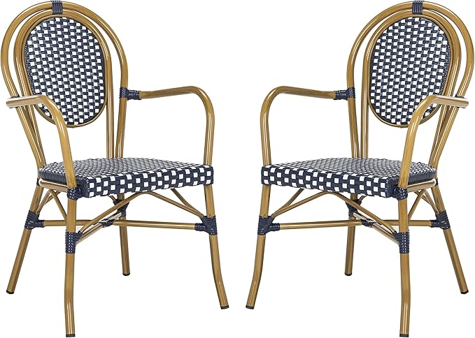 SAFAVIEH PAT4014A-SET2 Outdoor Collection Rosen Navy and White French Bistro Stacking Arm Chair