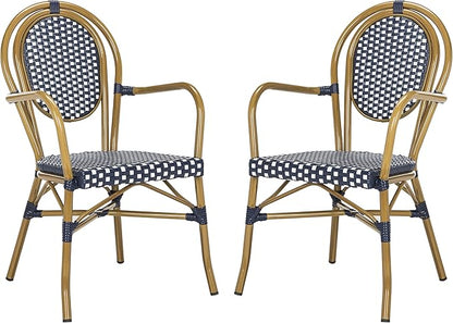 SAFAVIEH PAT4014A-SET2 Outdoor Collection Rosen Navy and White French Bistro Stacking Arm Chair