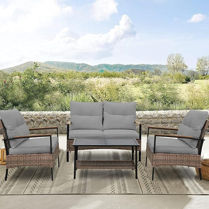 Sunset Escape Wicker Outdoor Furniture, Modern Sofa and Chair Set of 4, Rattan Patio Conversation Set, 2 Patio Chairs, Loveseat and Coffee Table, Brown/Gray