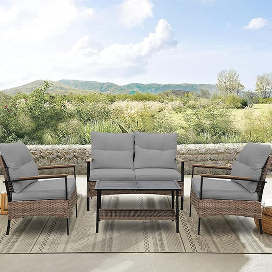 Sunset Escape Wicker Outdoor Furniture, Modern Sofa and Chair Set of 4, Rattan Patio Conversation Set, 2 Patio Chairs, Loveseat and Coffee Table, Brown/Gray