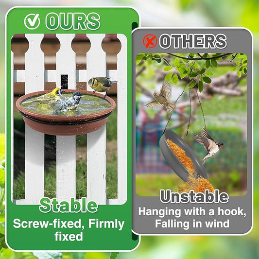 Fence Bird Feeders Tray - Tree Mounted Wild Bird Bath for Outdoors Place Food Water, Installed on Deck Wall Stakes with Heavy Duty Iron Ring, 8.3'' Dia. (Brown)