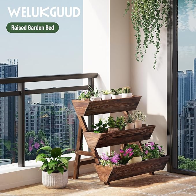 Vertical Wooden Raised Garden Bed, Garden Planters Freestanding Wood Plant Stand Flower Rack Wooden Planter Box for Plants Herbs Flowers Vegetables Outdoor Indoor Gardening (3-Tier Large Carbonized)