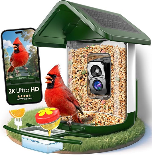 Bird Feeder with Camera Solar Powered - Smart Bird Feeder Camera 2K HD Live Stream, 5MP Photos, AI Identification for Backyard, 2.4Lb Large Capacity, Gifts for Mom Dad, Green White