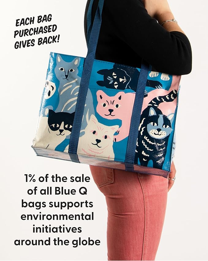 Blue Q Reusable Shoulder Tote Bag – Carry Everywhere Bag with a Hefty Zipper, Durable, Fun Design, 95% Recycled Material