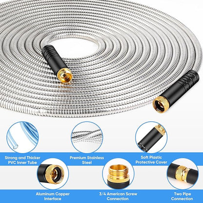 Itsonestep Garden Hose 100 FT, Metal Stainless Steel Water Hose with 10 Function Nozzles, No Kinks, Flexible Hose, Lightweight, Puncture Proof, Heavy Duty Hose for Yard and Outdoor, Silver