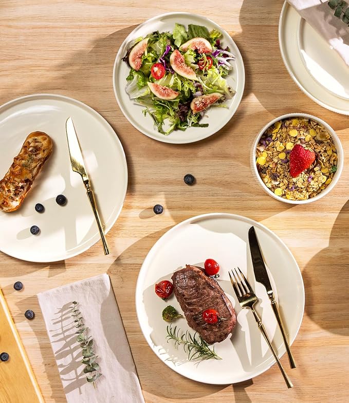 TheTerra Ceramic Dinnerware Sets for 8, 24 Pieces Porcelain Lightweight Plates and Bowls Sets, Scratch Resistant Dish Set, Oven & Microwave & Dishwasher Safe, Beige