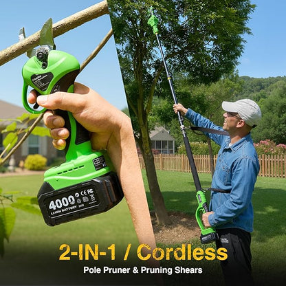 TaskStar 2-in-1 Electric Pruning Shears: 20V Cordless Pole Pruner 1.2" Cutting Diameter - 2 Pcs 4000mAh Battery, 9Ft Telescopic Pole, Extra SK5 Blade, 3 Modes Brushless Power Tree Pruner for Gardening