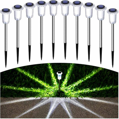 Solar Pathway Lights 10 Pack Solar Lights Outdoor Waterproof 6000K Cold White Yard Lighting, LED Stainless Steel Stake for Garden Outside Landscape Lawn Driveway Walkway Path