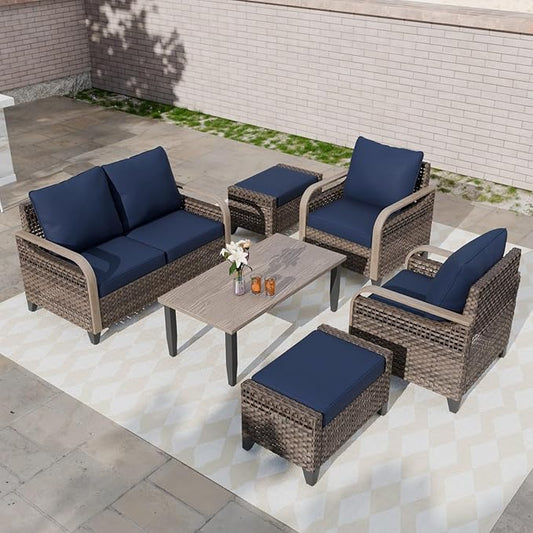 COOS BAY Modern Wicker Outdoor Furniture Set, Patio Conversation Set with Patio Chairs, 2 Seat Loveseat, Ottomans, and Coffee Table, 6 Piece, Brown/Blue