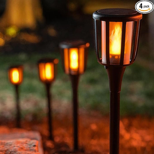 Solar Landscape Lights Rustic - Realistic Flickering Flame Patented LED, Adjustable Height, Pathway Lights Solar Powered Torch with Poles for Outdoor Landscape, Garden, Yard, and Patio Decor (4 Pack)