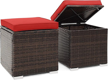 Tangkula 2 Pieces Patio Ottomans, Patiojoy Hand-Woven PE Rattan Side Table with Removable Cushion & Hidden Storage Space, Multifunctional Storage Box, Seat for Patio, Backyard, Poolside (Red)