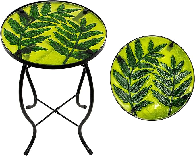 Subtropical Leaf Small Patio Table,Outdoor Side Table,Outdoor Bar Table,Metal Glass End Table for Porch Garden Yard Pool Living Room Valentine Decor，10 Inch Side, Valentine Decorations Gift