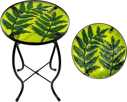 Subtropical Leaf Small Patio Table,Outdoor Side Table,Outdoor Bar Table,Metal Glass End Table for Porch Garden Yard Pool Living Room Valentine Decor，10 Inch Side, Valentine Decorations Gift