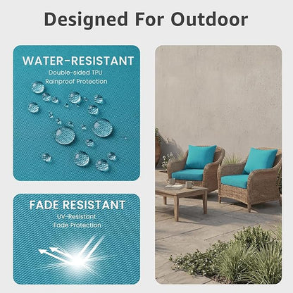 PatioGlow Outdoor Seat Cushion Set, 22" x 22" x 3.5", Set of 2, Water-Resistant & Fadeness Patio Furniture Cushions with Removable Cover & Ties, Thick Deep Seating Pads for Outside Sofa Couch, Teal