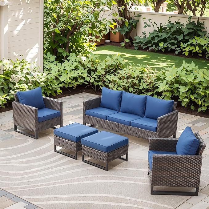 Rilyson Wicker Outdoor Patio Furniture Set - 5 Piece Patio Conversation Set with 2 Wicker Armrest Chairs,2 Rattan Ottoman and 1 Couch for Outside Porch Deck Backyard Garden(Brown/Blue)
